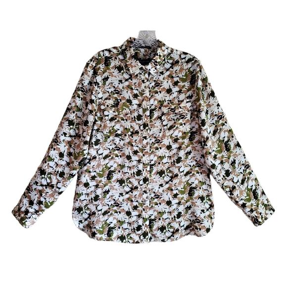 JONES NEW YORK L Shirt Button Up Long Roll Tab Sleeve Green Beige Satiny Bust 42 - Picture 1 of 8